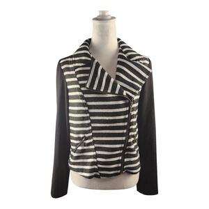 Maurices Women's Black & White Striped Knit Full-Zip Moto Jacket Size Small